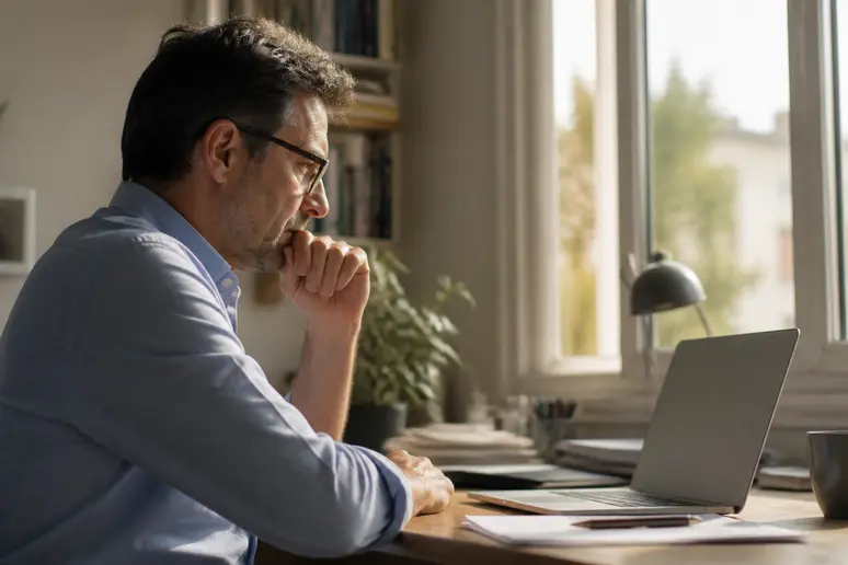 Un homme français examine attentivement des graphiques financiers sur son ordinateur, illustrant l'importance de la compréhension du PEA pour les investissements.