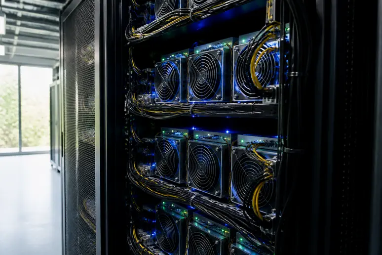 Salle de serveurs avec des machines ASIC spécialisées pour le minage de Bitcoin, illuminées par des lumières LED.