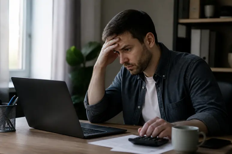 Personne soucieuse devant un écran affichant des graphiques de cryptomonnaies, calculadora en main, illustrant les risques financiers.