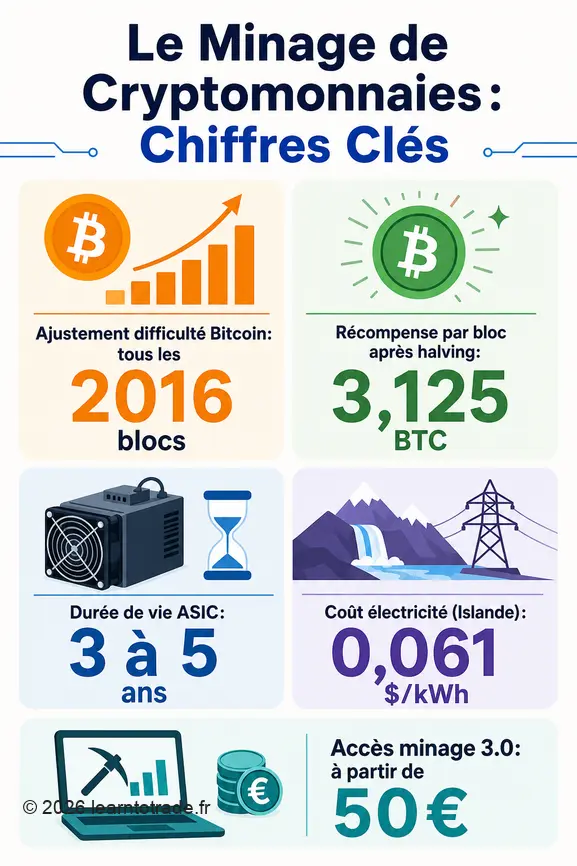 Infographie présentant les chiffres clés du minage de cryptomonnaies, incluant la difficulté, les récompenses et les coûts.