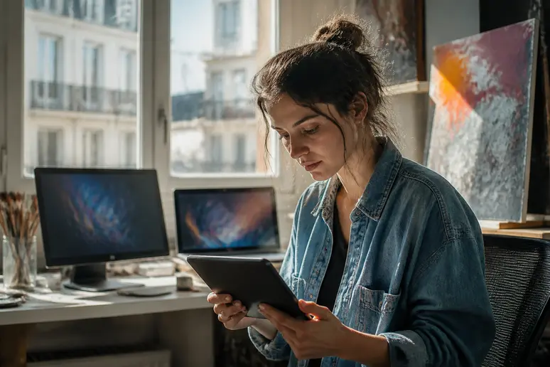 Une jeune artiste parisienne dans son atelier examine une signature numérique unique sur sa tablette, baignée par la lumière naturelle.