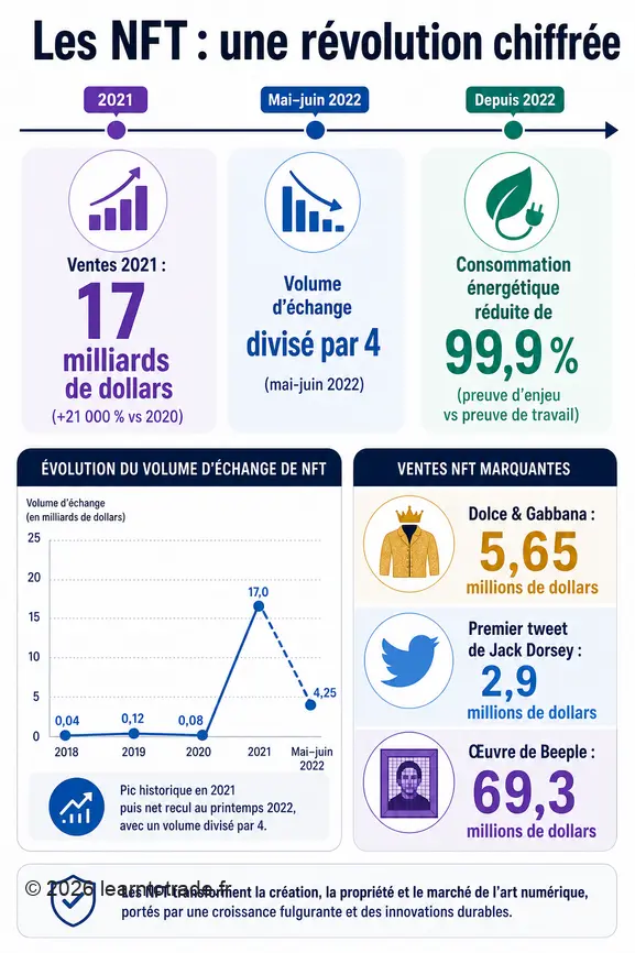 Infographie illustrant l'essor et les chiffres clés du marché des NFT, avec des exemples de ventes notables.