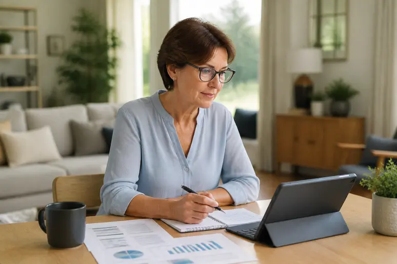 Une femme française d'âge mûr consulte attentivement les informations financières sur une tablette électronique à son bureau, guidant ses investissements potentiels.