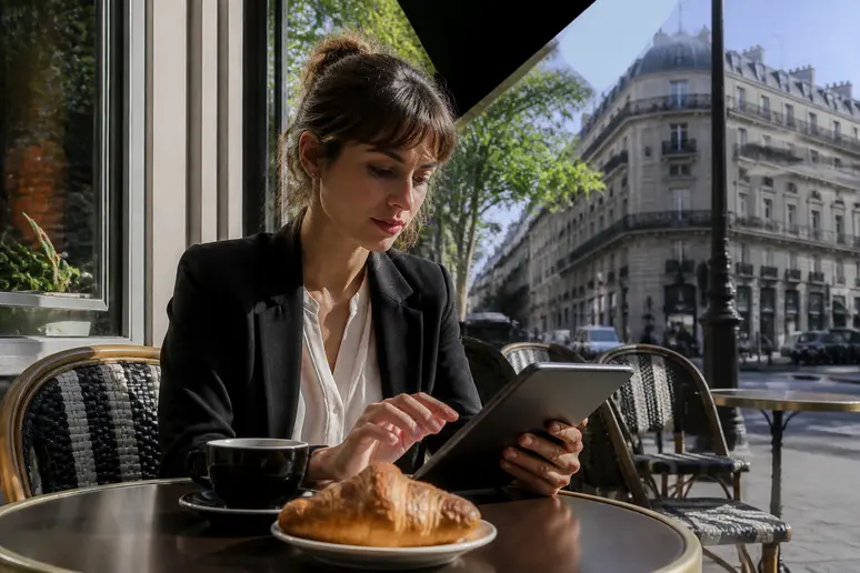 Une Parisienne consultent des informations financières sur sa tablette dans un café typique, illustrant la planification financière quotidienne.