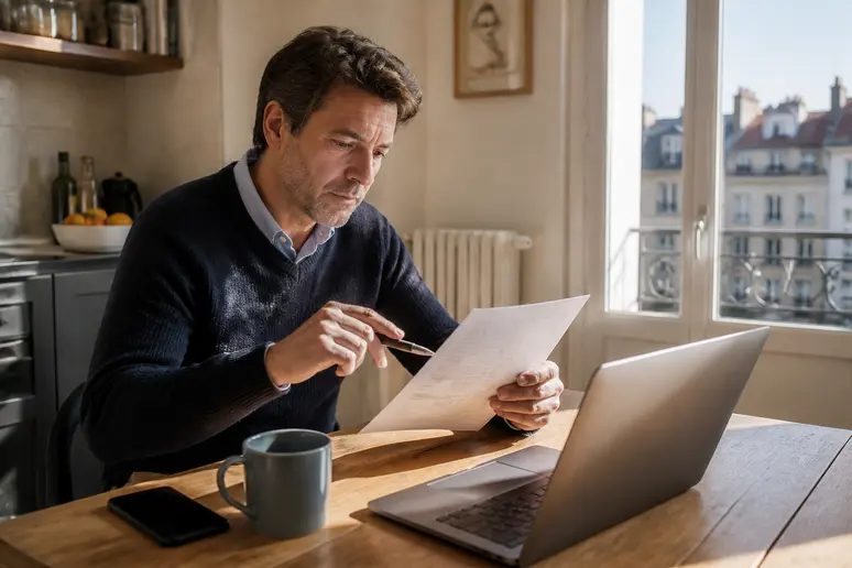 Homme français étudiant les règles fiscales du PEA Trade Republic, concentré.