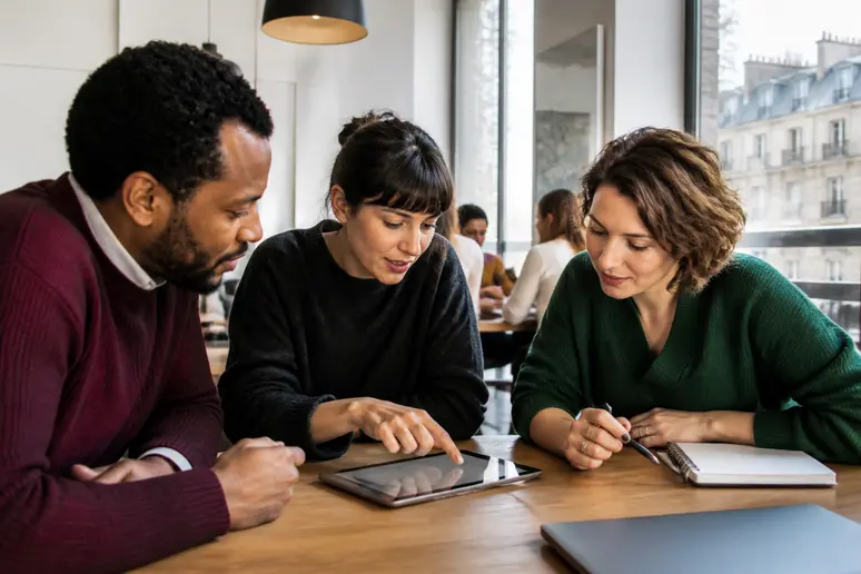 Trois jeunes professionnels français discutent d'indices boursiers mondiaux et sectoriels dans un espace de coworking.