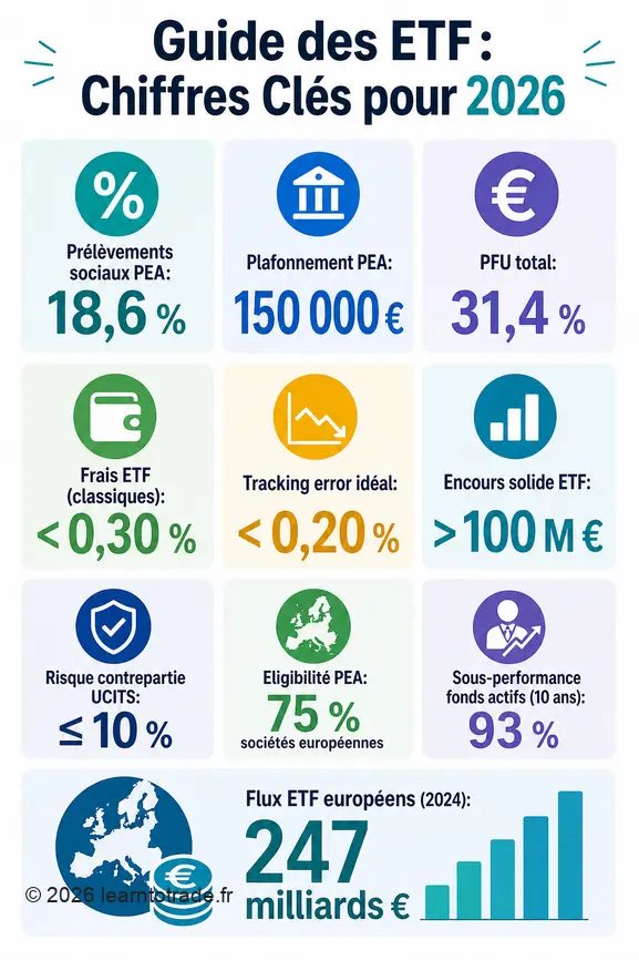 Infographie des chiffres clés pour choisir un ETF en 2026, incluant fiscalité, frais, performances et encours.