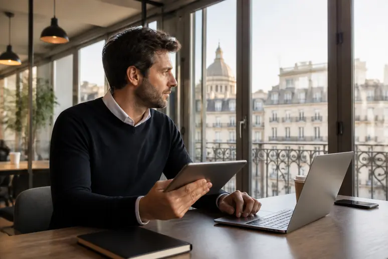 Un homme à Paris analyse le cours du ripple xrp crypto sur son écran.