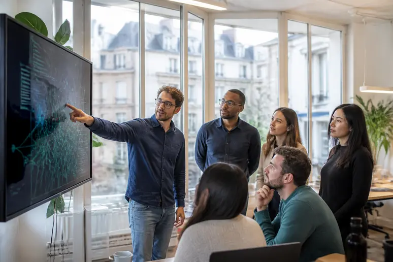 Professionnels à Paris étudiant le fonctionnement d'un smart contract crypto sur un écran.