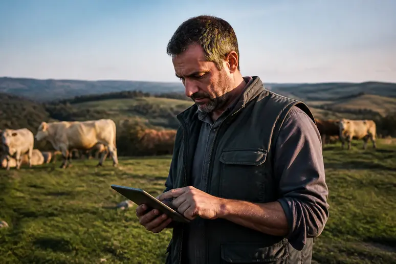 Agriculteur français vérifiant un smart contract crypto lié à la traçabilité des produits.