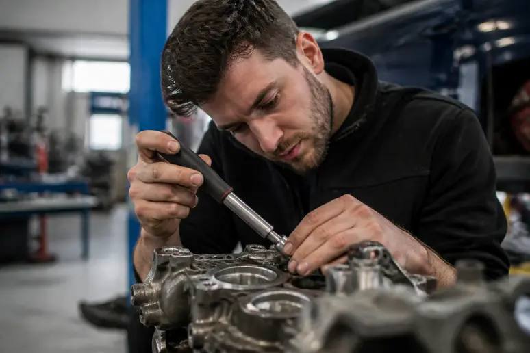 Un mécanicien lyonnais répare méticuleusement une pièce de moteur de haute performance dans un atelier animé, éclairage naturel.