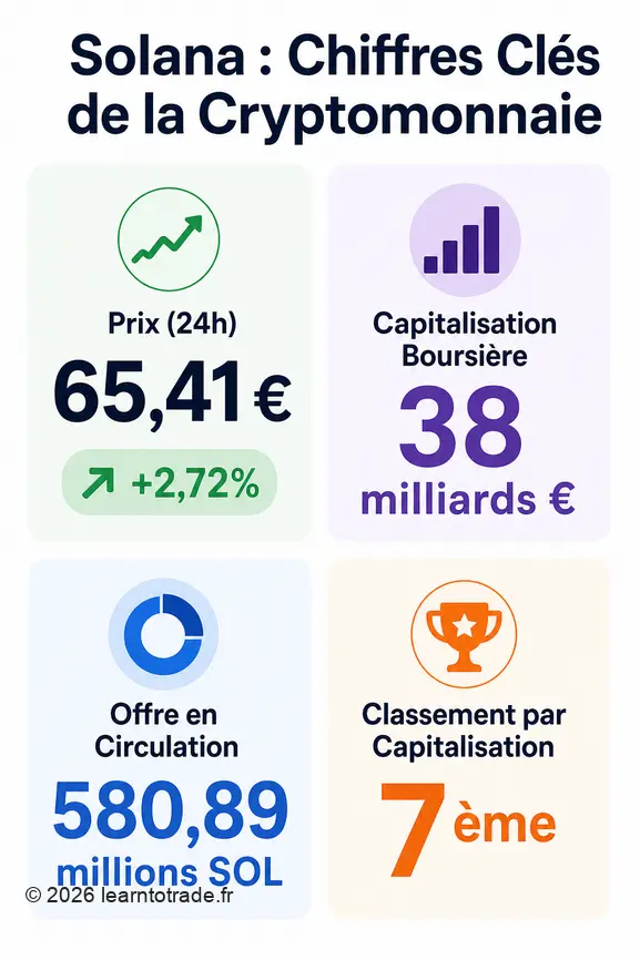 Infographie présentant les chiffres clés de la cryptomonnaie Solana : prix, capitalisation, offre en circulation et classement.