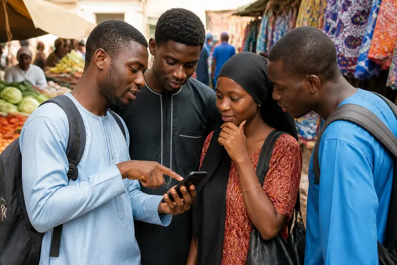 Jeunes adultes sénégalais regardant attentivement un smartphone au milieu d'un marché animé, illustrant l'accès aux transactions financières numériques.