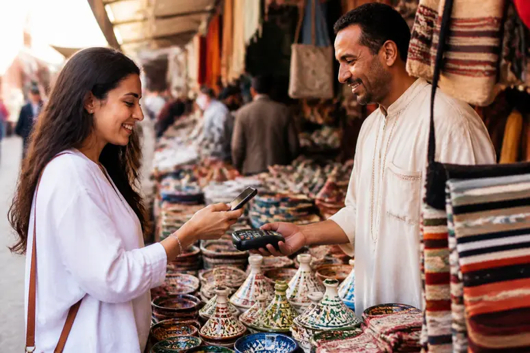 Marchande marocaine utilisant une application de paiement mobile sur smartphone pour régler des achats, illustrant la praticité des transactions numériques dans le commerce local.