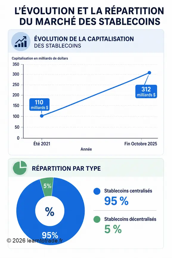 Infographie illustrant l'augmentation de la capitalisation des stablecoins et leur répartition par type.