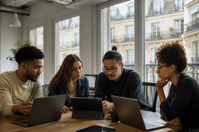 Jeunes adultes discutant de token crypto c'est quoi dans un espace de travail moderne à Paris.