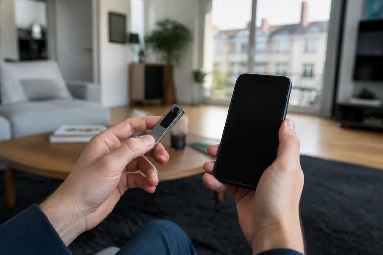 Une personne examine un hardware wallet et son smartphone à Lyon, comparant méticuleusement les options de portefeuilles numériques pour ses besoins spécifiques.