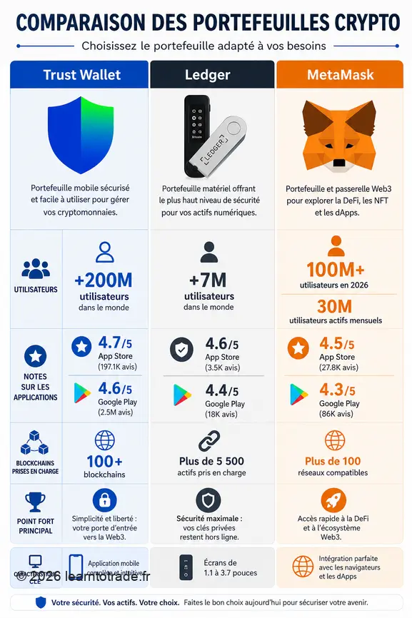 Infographie comparant Trust Wallet, Ledger et MetaMask : utilisateurs, notes et caractéristiques techniques clés.