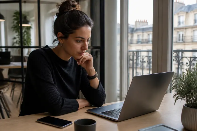 Jeune femme analysant des données de yield farming defi sur un ordinateur portable dans un bureau parisien.