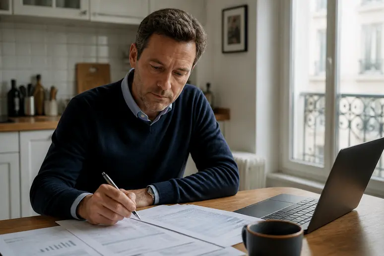 Homme remplissant une déclaration fiscale pour ses activités de yield farming defi à Paris.