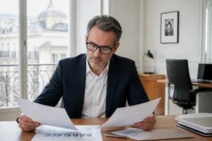 Un professionnel consultant des documents financiers pour comprendre les règles des actions gratuites fiscalité.
