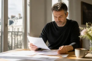 Un homme examine des documents financiers sur une table en bois pour son assurance vie banque populaire rives de paris