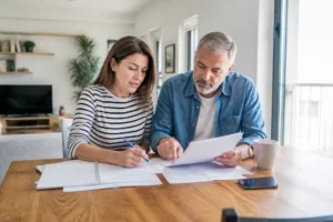 Un couple examine des documents financiers à table pour comprendre le fonctionnement de l'assurance vie.