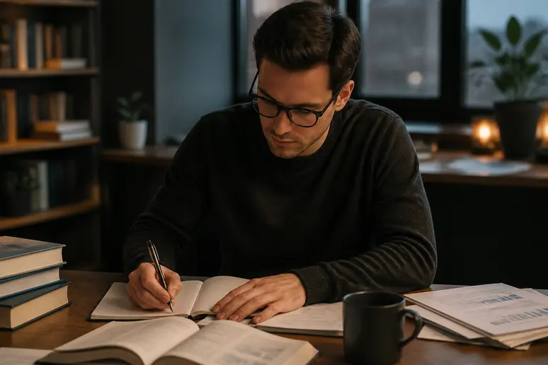 Candidat préparant les examens du CFA avec des manuels d'analyse financière et des notes de synthèse.