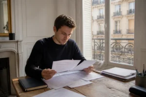 Un candidat se prépare aux examens pour devenir certified financial analyst dans son bureau lumineux.