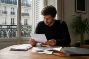 Un indépendant consulte des documents bancaires sur son bureau avec un compte pro fortuneo