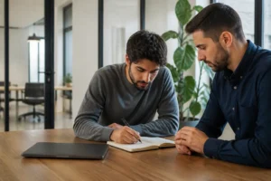 Développeur analysant du code pour crypto programgeeks sur un carnet dans un bureau lumineux.