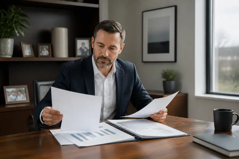 Conseiller financier examinant des documents de gestion portefeuille bourse dans un bureau lumineux
