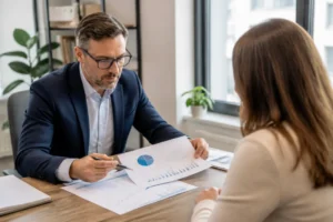 Un conseiller et son client analysent des graphiques financiers pour une gestion portefeuille bourse optimale