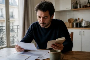 Un homme consulte ses relevés bancaires papier à table pour savoir si son livret a gelé