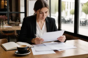 Jeune investisseur consultant des documents financiers sur une table de café avec non cote trade republic
