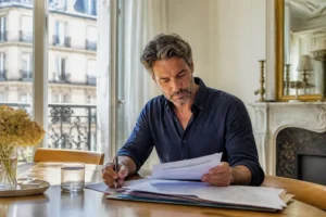 Un homme examine un dossier papier à sa table avec un contrat nuance plus caisse epargne