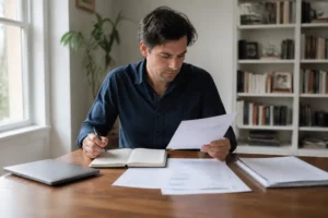 Un investisseur analyse ses options avec pea ou compte titre sur des documents papier à son bureau