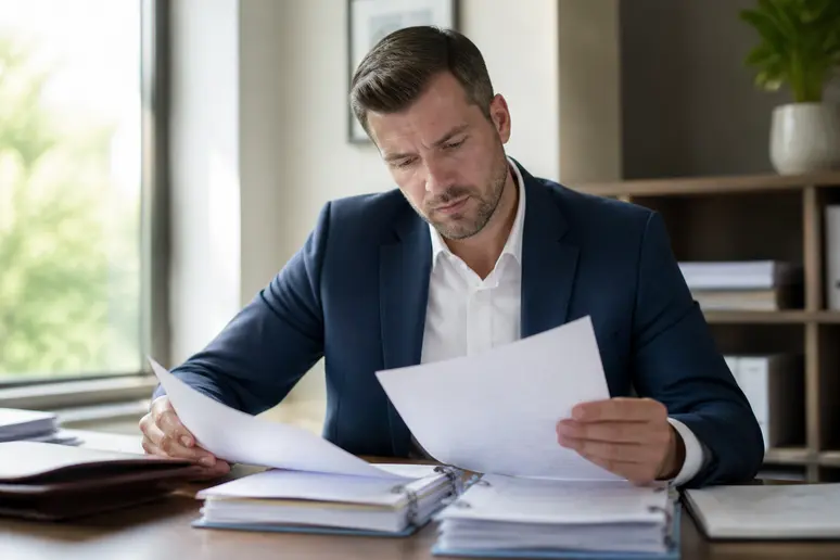 Un conseiller financier examine les documents de transfert de titres boursiers sur son bureau