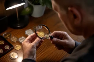 Examen minutieux d'une pièce 20 centimes rare avec une loupe sur une table en bois.
