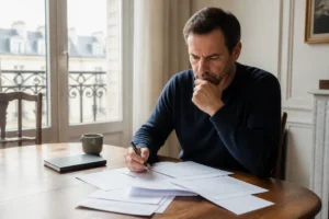Un investisseur analyse des documents financiers suite à des virements bancaires bloqués sur son compte