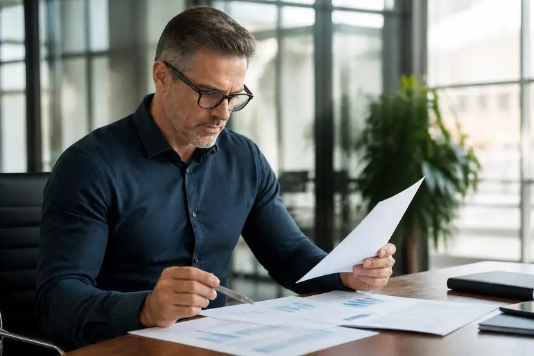 Représentant légal analysant la gestion financière et les liquidités pour un compte titre entreprise