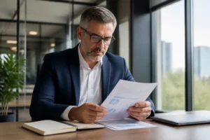 Un entrepreneur examine des documents financiers sur son bureau avec un compte titre entreprise