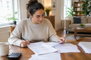 Une personne remplit ses documents fiscaux pour effectuer la declaration compte binance depuis chez elle