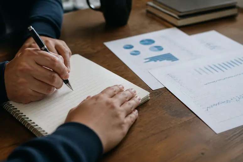 Notes d'investissement manuscrites sur un carnet d'ordres pour l'achat d'actions