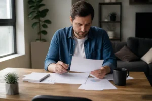 Professionnel consultant des documents financiers lors du détachement dividendes depuis son bureau
