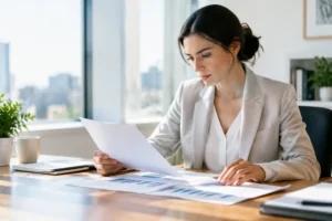 Un investisseur analyse un document financier sur un bureau pour préparer son dividende credit agricole