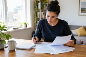Un investisseur analyse ses documents financiers et ses notes sur le etf argent à son bureau.
