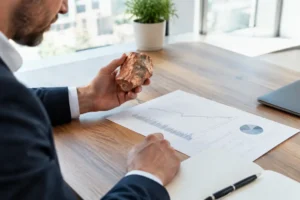 analyse financière sur papier avec un etf cuivre et des échantillons de métal brut sur un bureau