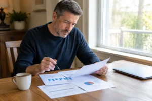 Investisseur analysant des documents financiers pour choisir un etf minimum volatility adapté à sa stratégie