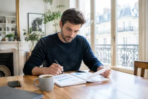 investisseur analysant des graphiques financiers avec un etf momentum depuis son salon lumineux